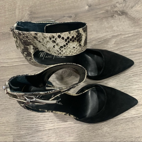 Marc Fisher Black & Snakeskin Print Suede Ankle Strap Heels Shoes size 7.5 - Picture 7 of 7